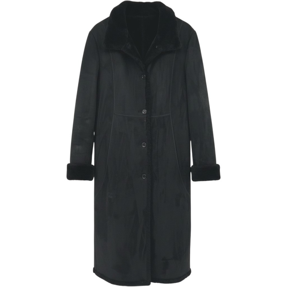 Searle Women Small Shearling Coat Suede Faux Fur Long Black Classic Chic Luxury